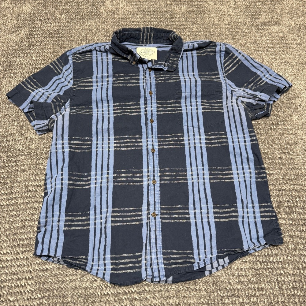 St Johns Bay Mens L Short Sleeve Button Up Shirt Navy Blue Plaid 100%‎ Cotton No